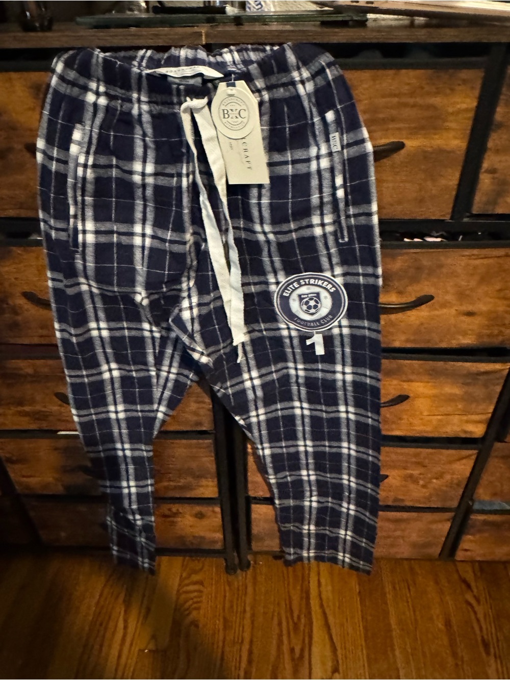 Navy Plaid Lounge Joggers with Soccer Patch XS